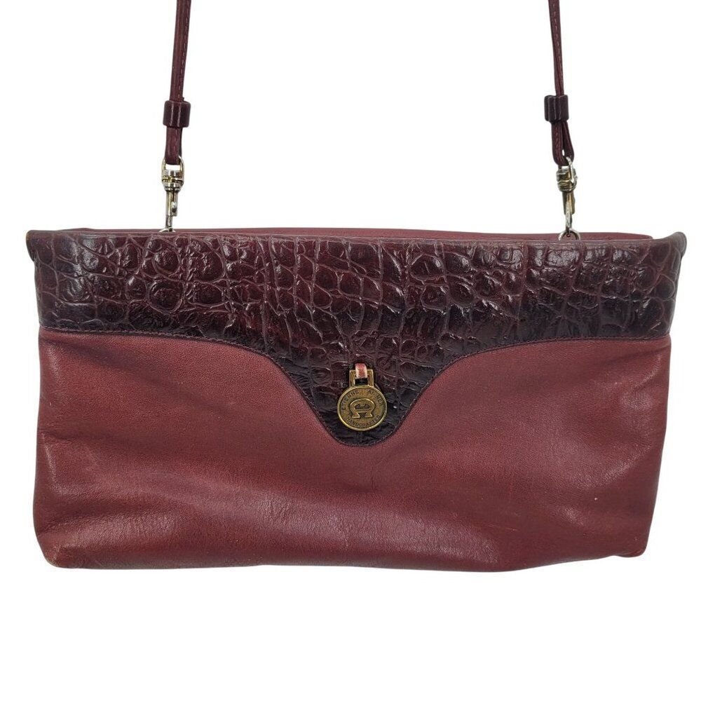 Vtg Oxblood Burgundy Wine Leather Embossed Croc Convertible Clutch Shoulder Bag
